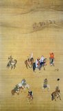 Chinese scroll painting from 1280 by Liu Kuan-tao showing a camel caravan carrying carpets in the background with the Mongol emperor Kublai Khan hunting in foreground; note hunting cheetah on back of saddle.