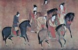 Lady Kuo Kuo riding with her sisters. 12th century Song Dynasty handscroll painting by Li Gonglin, a later version of an earlier 8th century painting by the Tang Dynasty artist Zhang Xuan