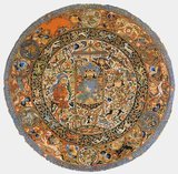 Circular piece of silk with Mongol images, Ilkhanid, early 14th century. Silk, cotton and gold.<br/><br/>

The Ilkhanate, also spelled Il-khanate or Il Khanate was a Mongol khanate established in Persia in the 13th century, considered a part of the Mongol Empire. The Ilkhanate was based, originally, on Genghis Khan's campaigns in the Khwarezmid Empire in 1219–1224, and founded by Genghis's grandson, Hulagu, in territories which today comprise most of Iran, Iraq, Afghanistan, Turkmenistan, Armenia, Azerbaijan, Georgia, Turkey, and some regions of western Pakistan. The Ilkhanate initially embraced many religions, but was initially sympathetic to Buddhism and Nestorian Christianity. Later Ilkhanate rulers, beginning with Ghazan in 1295, embraced Islam. 