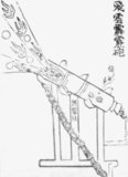 A 14th century illustration of a Chinese cannon, or eruptor, which fired proto-shells as cast iron bombs. This illustration was featured in the 14th century military treatise of the Huolongjing, edited and compiled by Liu Ji and Jiao Yu, with the preface added in 1412. This specific cannon was called the "flying-cloud thunderclap eruptor" (feiyun pilipao).