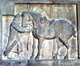 China: Stone bas relief of a horse and soldier from the tomb of  Emperor Taizong, Tang Dynasty 7th century.